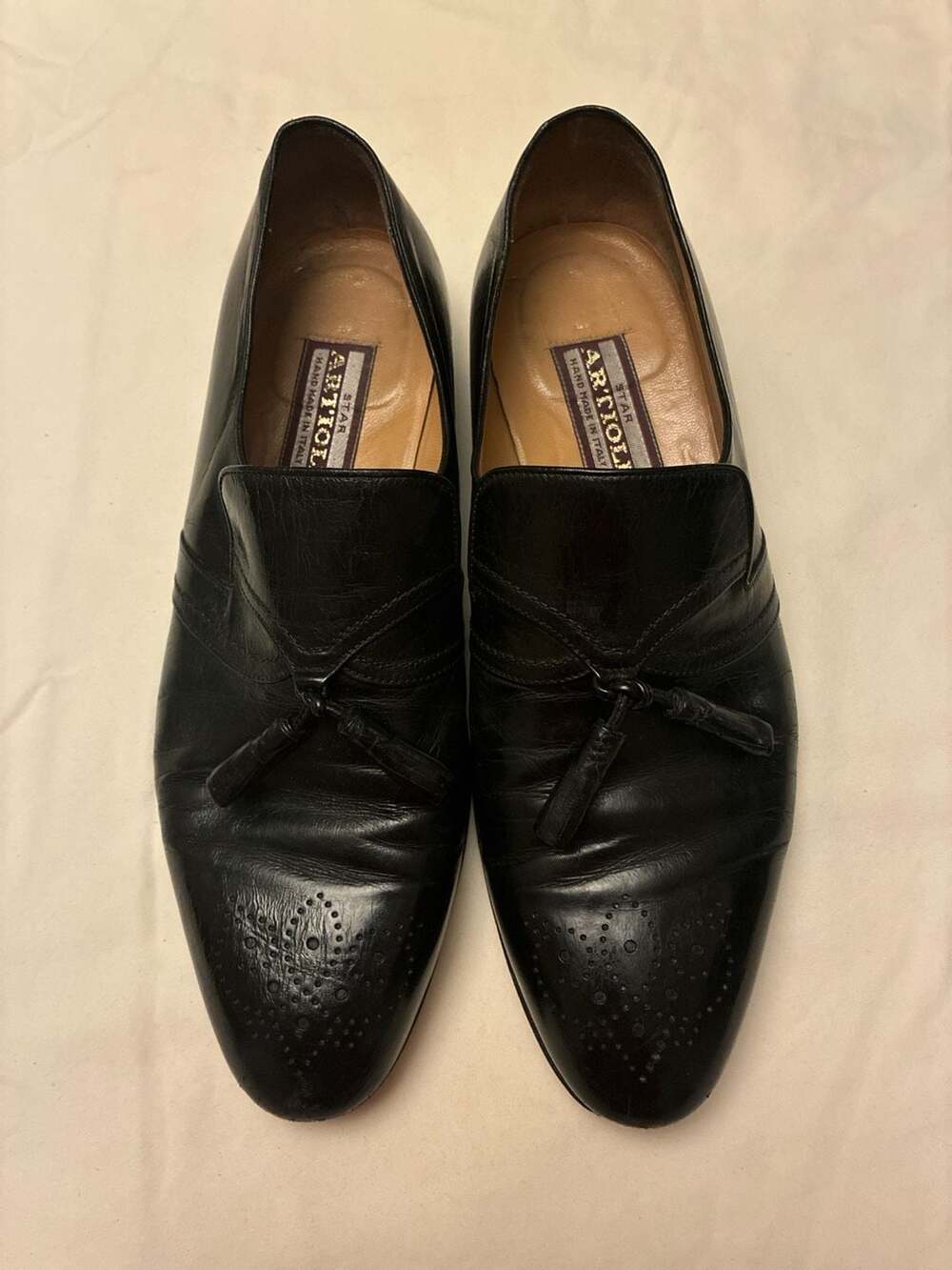 VTG Artioli Star Black Leather Hand Made In Italy Tassel Brogue Loafers